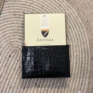 Aspinal of London Large Essential Flat Pouch Black Croc embossed New in Box